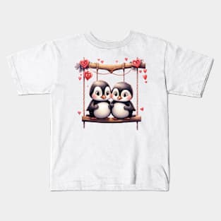 Valentine Penguin Couple On Swing Kids T-Shirt